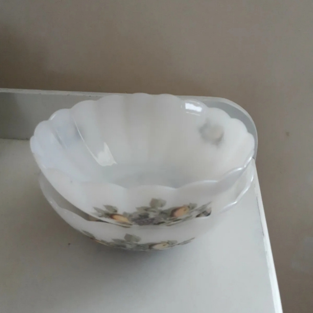 Arcopal 2 Vintage Serving Bowls - Fruit de France Pattern, 8" and 9" - White